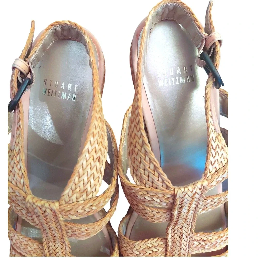 Stuart Weitzman Bohemian Tan Woven Raffia Wedge Resortwear Sandals Womens 8.5 M